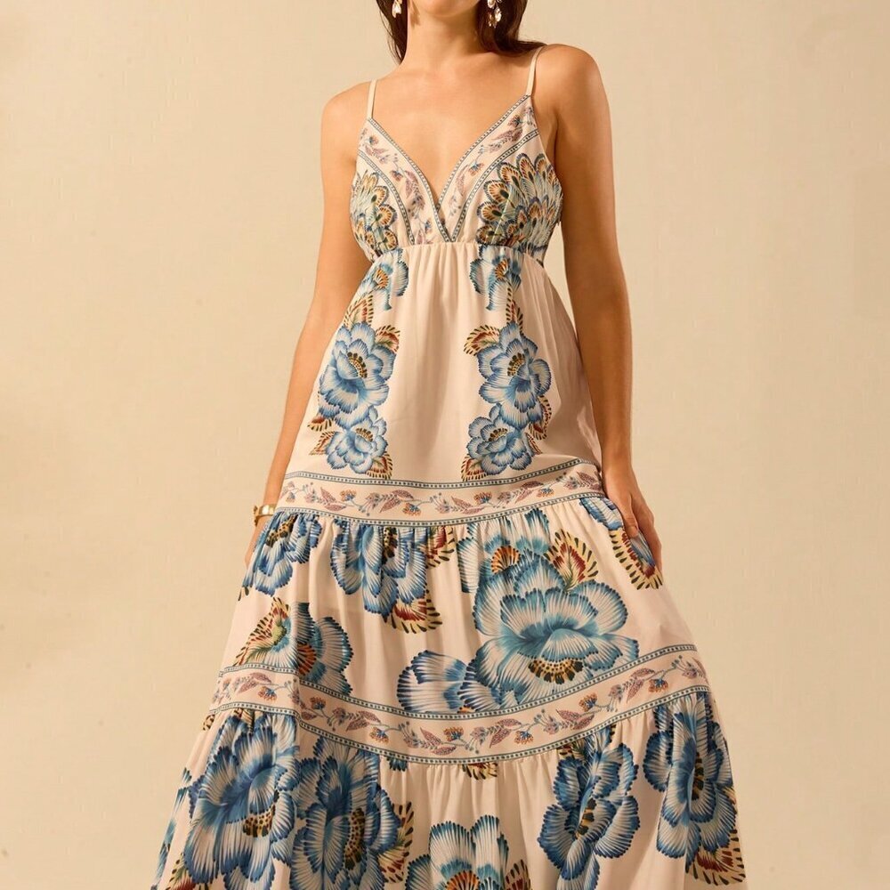 Multicolor Boho Women's Tropical Print V-Neck Long Camisole Dress Beach Dress - Picture 3 of 8